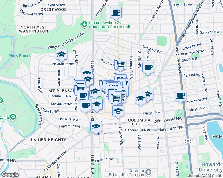 map of restaurants, bars, coffee shops, grocery stores, and more near 1428 Monroe Street Northwest in Washington