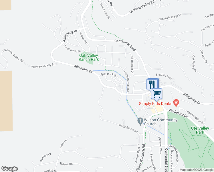 map of restaurants, bars, coffee shops, grocery stores, and more near 2442 Allegheny Drive in Colorado Springs