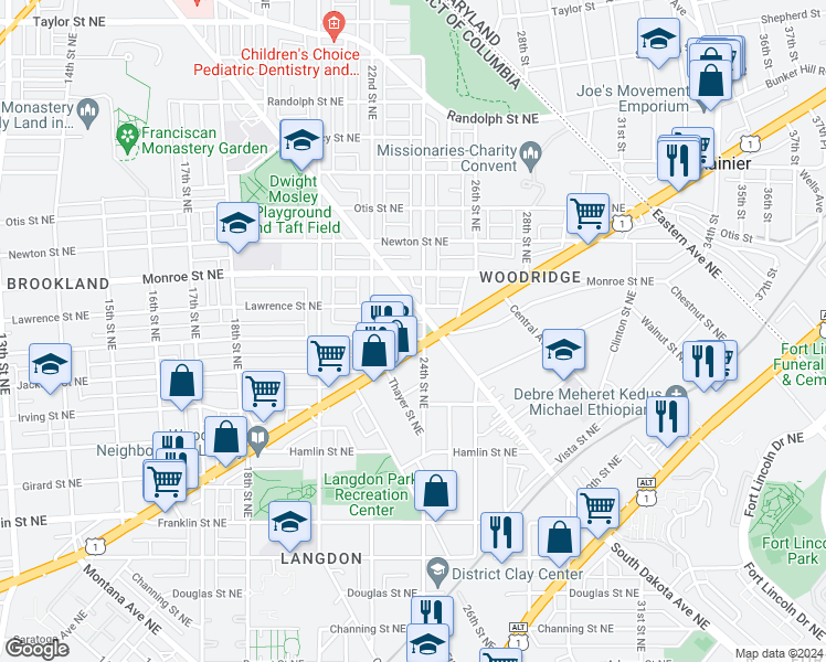 map of restaurants, bars, coffee shops, grocery stores, and more near 2232 Kearny Street Northeast in Washington