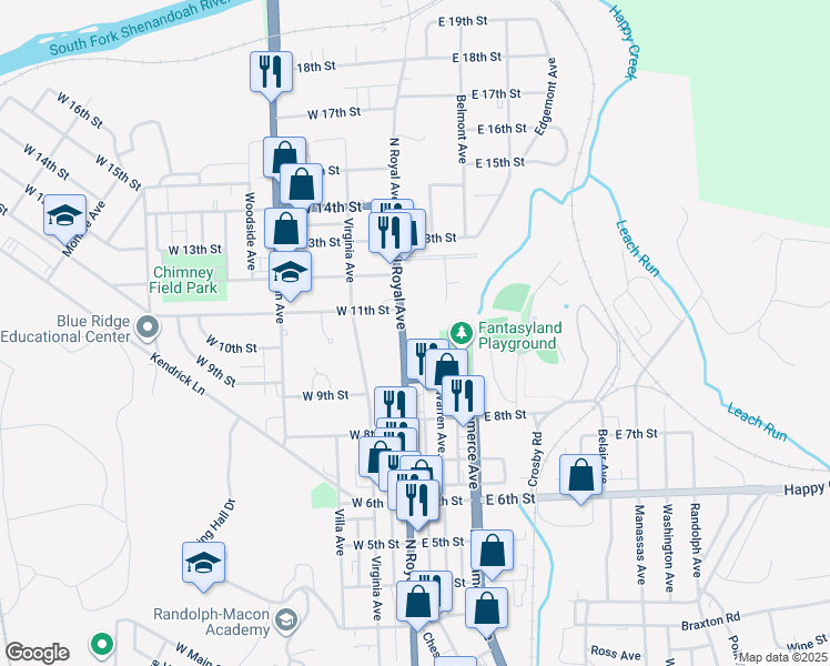 map of restaurants, bars, coffee shops, grocery stores, and more near 1095 North Royal Avenue in Front Royal