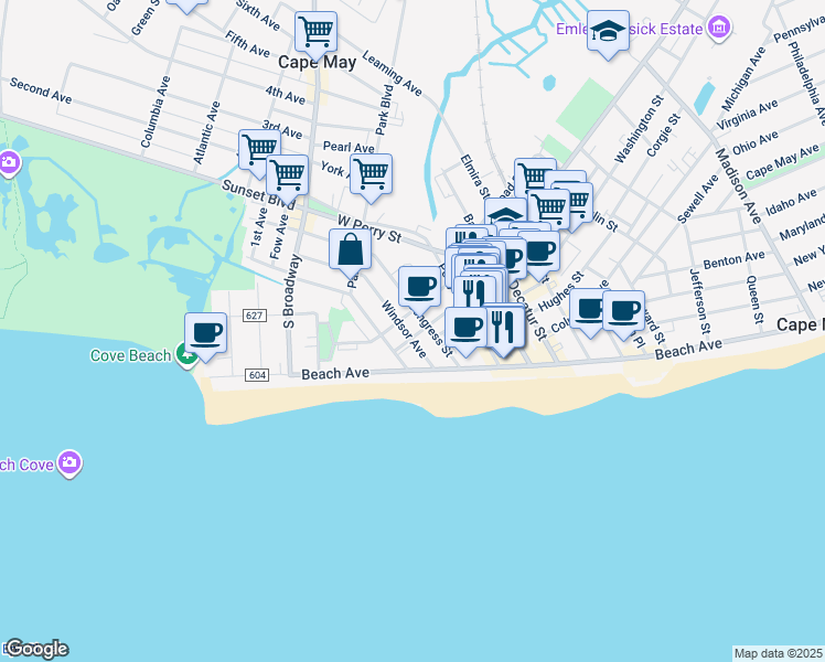 map of restaurants, bars, coffee shops, grocery stores, and more near 101 South Lafayette Street in Cape May
