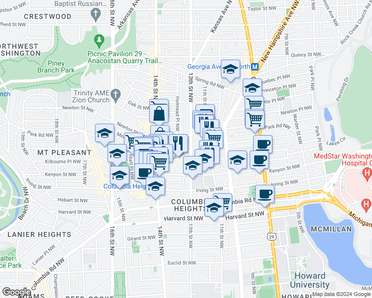 map of restaurants, bars, coffee shops, grocery stores, and more near 1309 Park Road Northwest in Washington