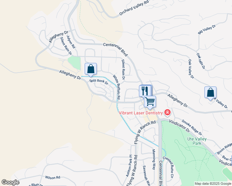 map of restaurants, bars, coffee shops, grocery stores, and more near 2225 Split Rock Drive in Colorado Springs
