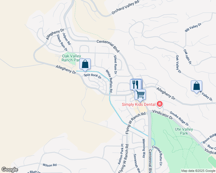 map of restaurants, bars, coffee shops, grocery stores, and more near 2225 Split Rock Drive in Colorado Springs