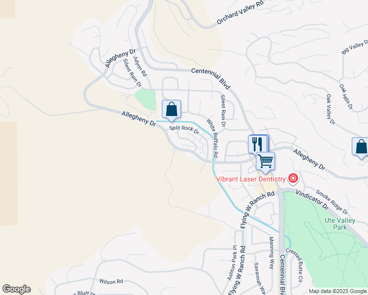 map of restaurants, bars, coffee shops, grocery stores, and more near 2442 Allegheny Drive in Colorado Springs