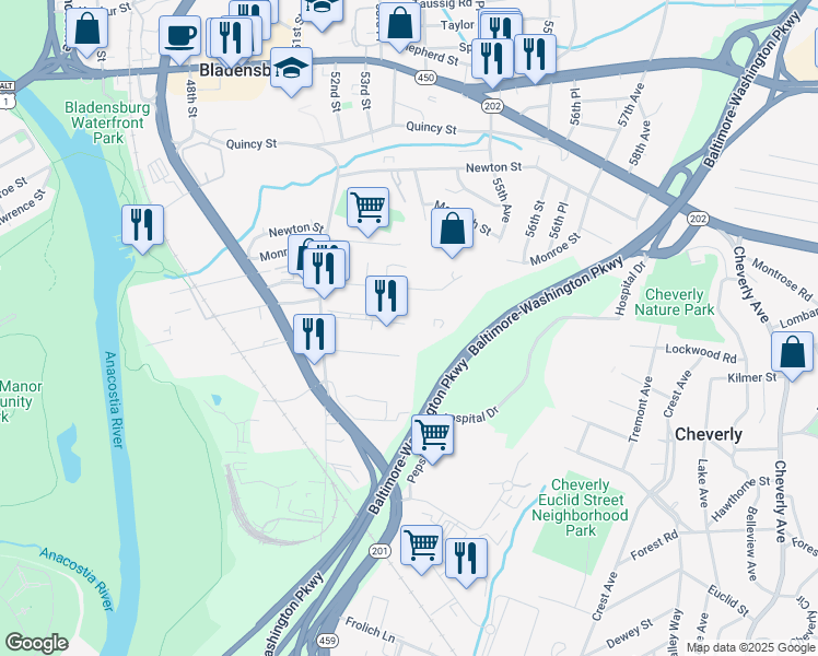 map of restaurants, bars, coffee shops, grocery stores, and more near 5355 Kilmer Place in Hyattsville