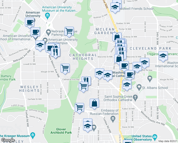 map of restaurants, bars, coffee shops, grocery stores, and more near 4000 Massachusetts Avenue Northwest in Washington