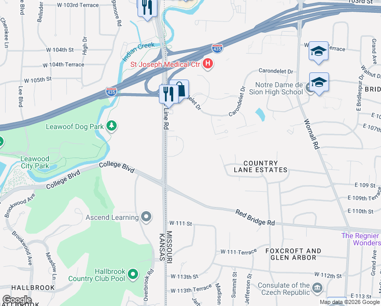 map of restaurants, bars, coffee shops, grocery stores, and more near 10841 State Line Road in Kansas City