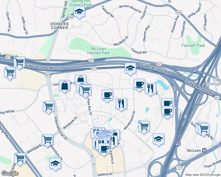 map of restaurants, bars, coffee shops, grocery stores, and more near Jones Branch Drive in Tysons