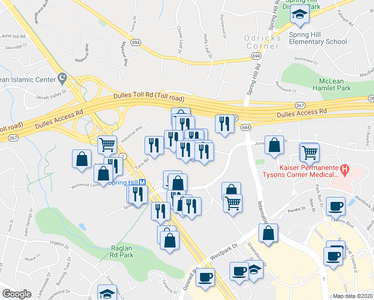 map of restaurants, bars, coffee shops, grocery stores, and more near Tyco Road in Vienna