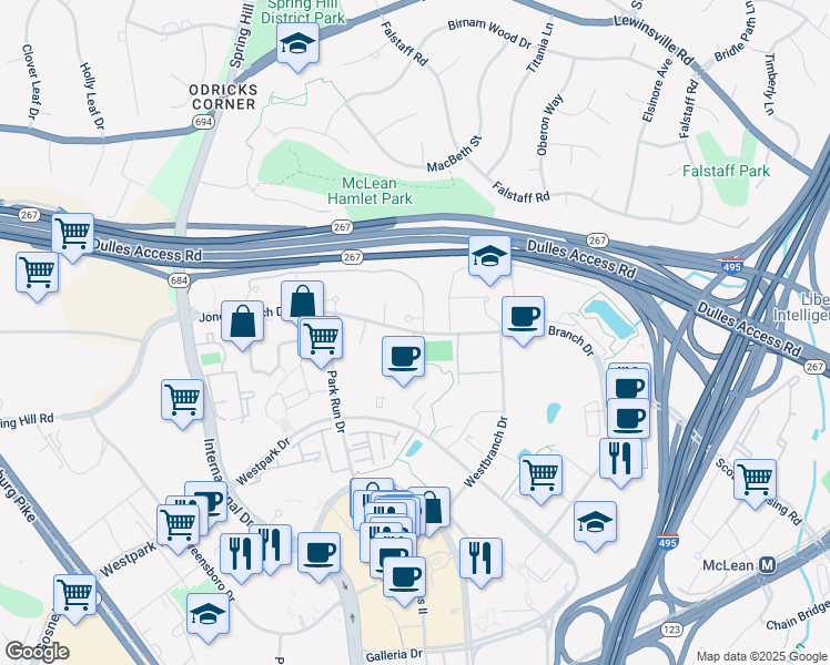 map of restaurants, bars, coffee shops, grocery stores, and more near Jones Branch Drive in Tysons