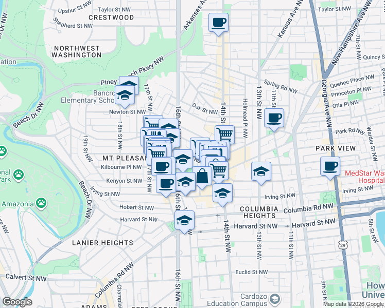 map of restaurants, bars, coffee shops, grocery stores, and more near 1511 Park Road Northwest in Washington