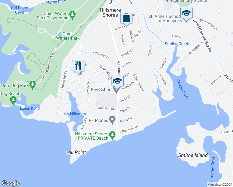 map of restaurants, bars, coffee shops, grocery stores, and more near 534 Hillsmere Drive in Annapolis