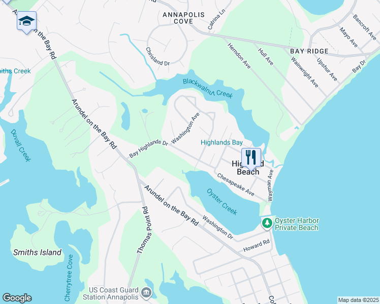 map of restaurants, bars, coffee shops, grocery stores, and more near 1184 Bay Highlands Drive in Annapolis