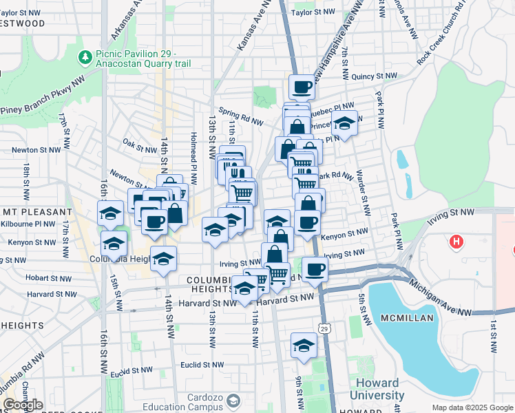 map of restaurants, bars, coffee shops, grocery stores, and more near 3322 Sherman Avenue Northwest in Washington