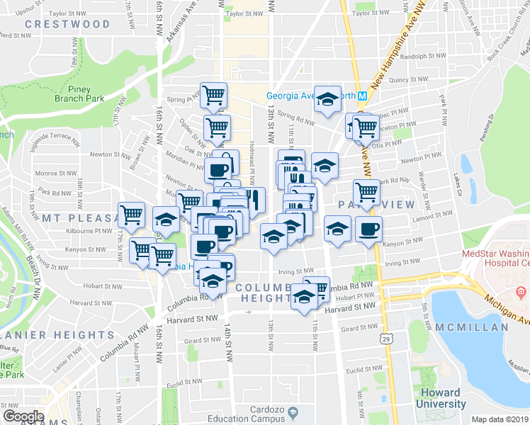map of restaurants, bars, coffee shops, grocery stores, and more near 1309 Park Road Northwest in Washington
