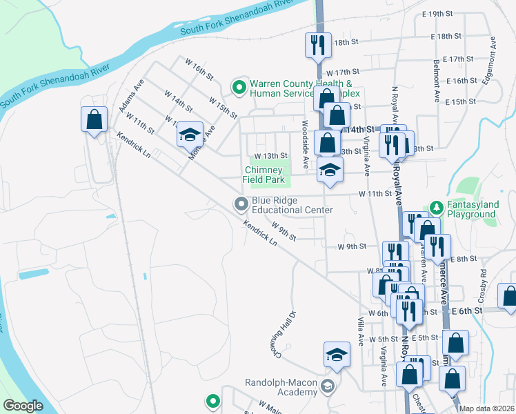 map of restaurants, bars, coffee shops, grocery stores, and more near 361 West 9th Street in Front Royal
