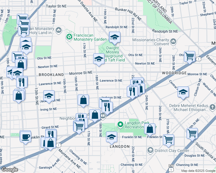 map of restaurants, bars, coffee shops, grocery stores, and more near 1916 Kearny Street Northeast in Washington