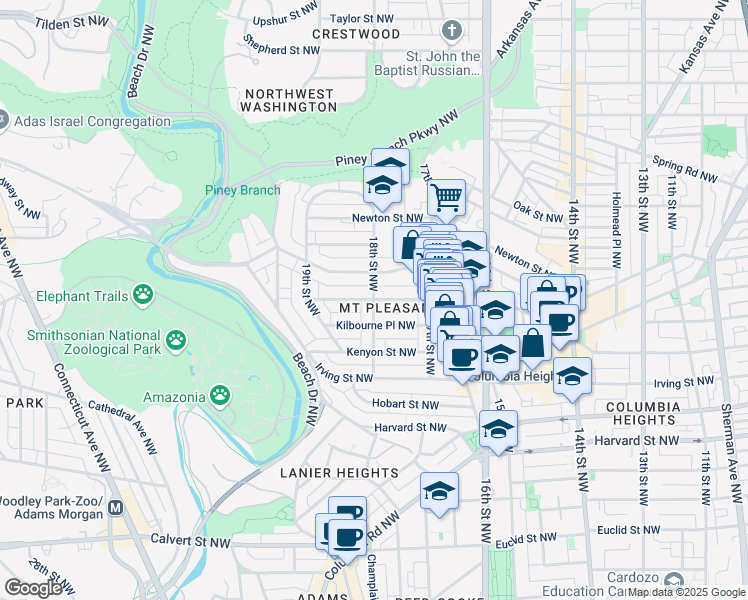 map of restaurants, bars, coffee shops, grocery stores, and more near 18th St NW & Lamont St NW in Washington