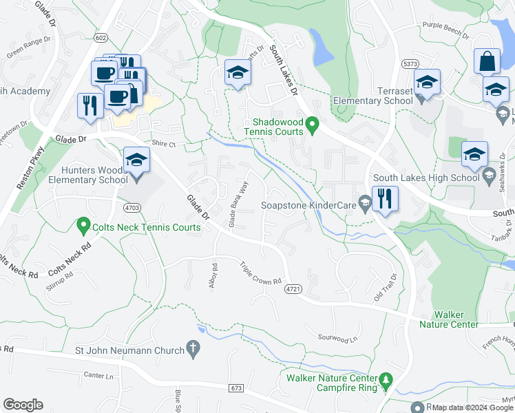 map of restaurants, bars, coffee shops, grocery stores, and more near 2343 Glade Bank Way in Reston