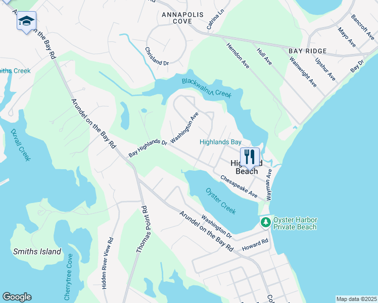 map of restaurants, bars, coffee shops, grocery stores, and more near 1184 Bay Highlands Drive in Annapolis