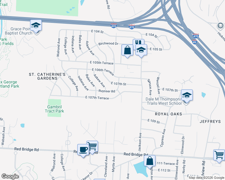 map of restaurants, bars, coffee shops, grocery stores, and more near 3805 Ruysser Road in Kansas City