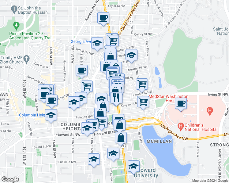 map of restaurants, bars, coffee shops, grocery stores, and more near 3318 Georgia Avenue Northwest in Washington