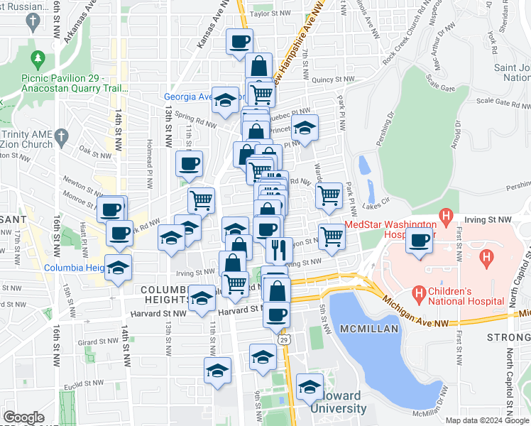 map of restaurants, bars, coffee shops, grocery stores, and more near 3318 Georgia Avenue Northwest in Washington