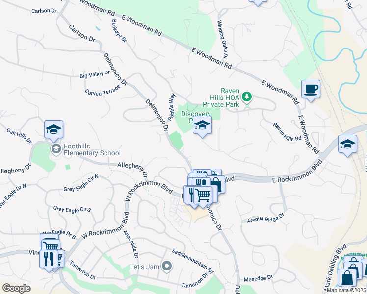 map of restaurants, bars, coffee shops, grocery stores, and more near 6835 Delmonico Drive in Colorado Springs