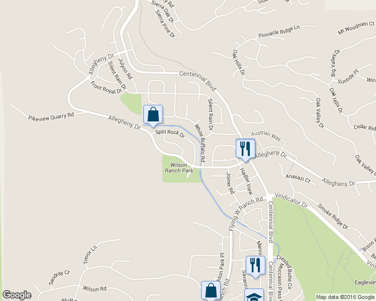 map of restaurants, bars, coffee shops, grocery stores, and more near 2330 Allegheny Drive in Colorado Springs