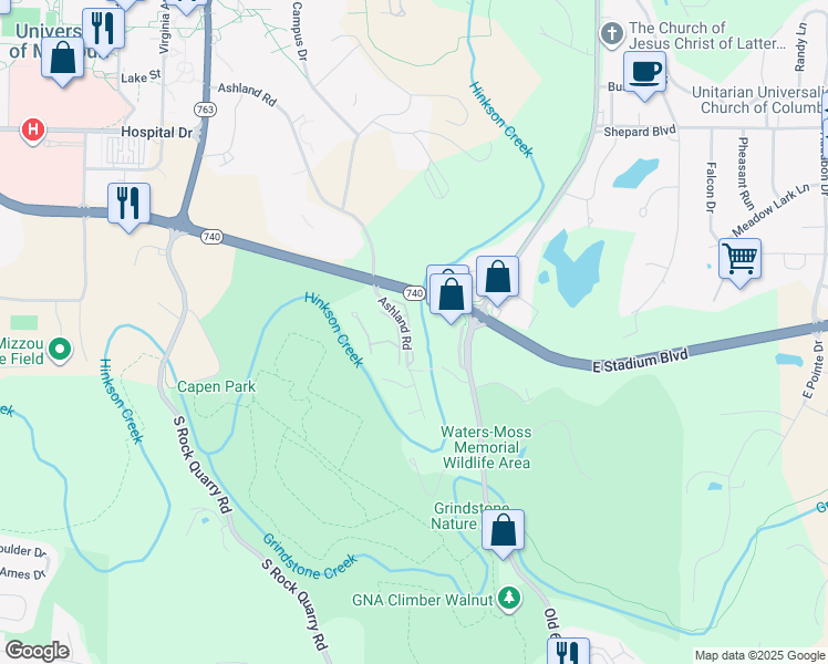 map of restaurants, bars, coffee shops, grocery stores, and more near 1435-1533 Ashland Road in Columbia