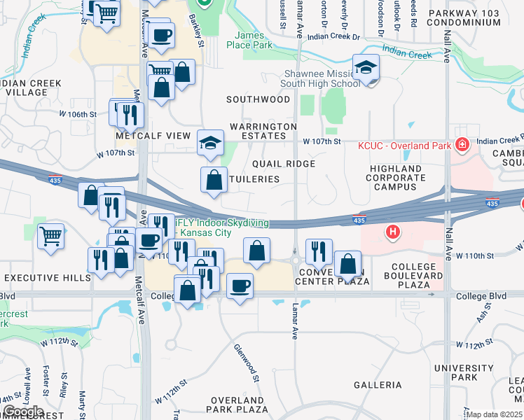 map of restaurants, bars, coffee shops, grocery stores, and more near 311 West 109th Street in Overland Park