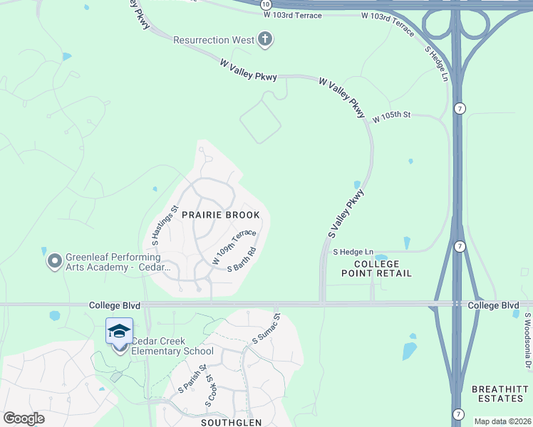 map of restaurants, bars, coffee shops, grocery stores, and more near 24126 West 109th Terrace in Olathe