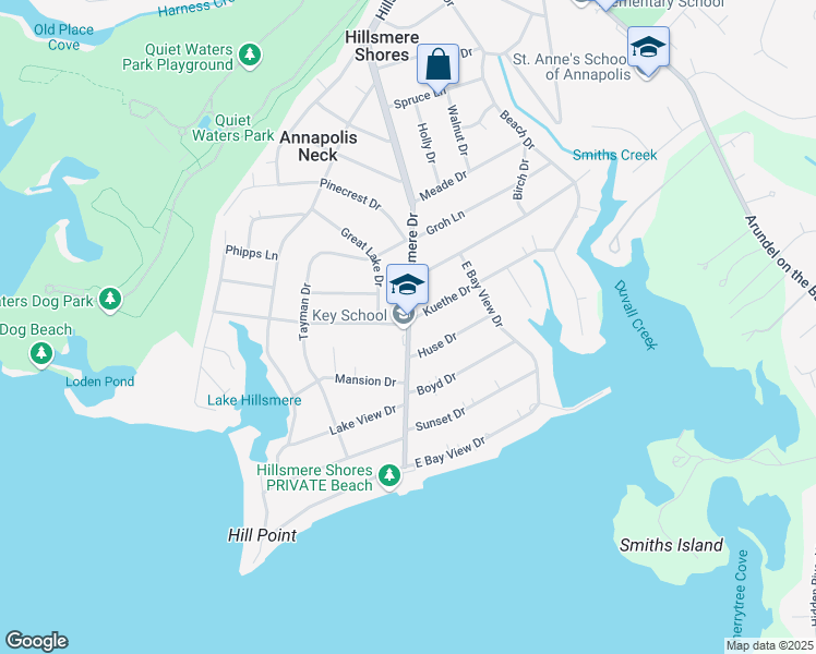 map of restaurants, bars, coffee shops, grocery stores, and more near 534 Hillsmere Drive in Annapolis