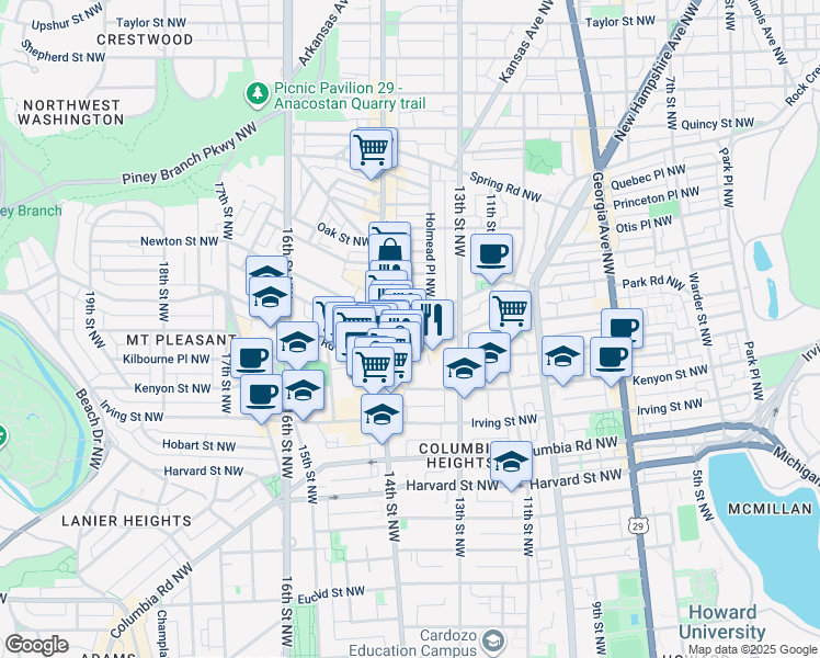 map of restaurants, bars, coffee shops, grocery stores, and more near 1356 Monroe Street Northwest in Washington
