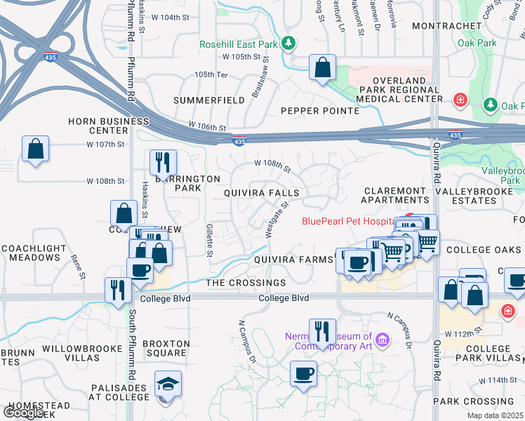 map of restaurants, bars, coffee shops, grocery stores, and more near 10995 Rosehill Road in Overland Park