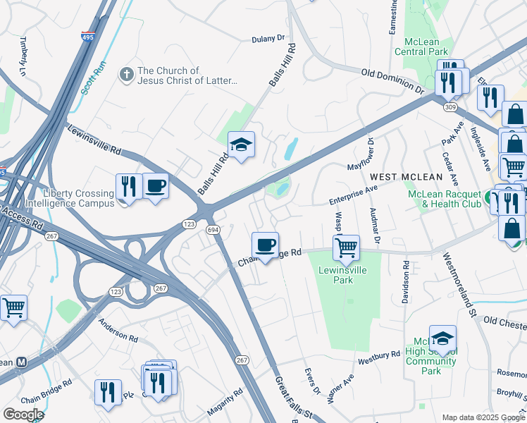 map of restaurants, bars, coffee shops, grocery stores, and more near 1466 Evans Farm Drive in McLean