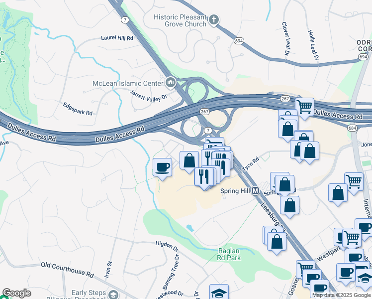 map of restaurants, bars, coffee shops, grocery stores, and more near 1550 Northern Neck Drive in Vienna
