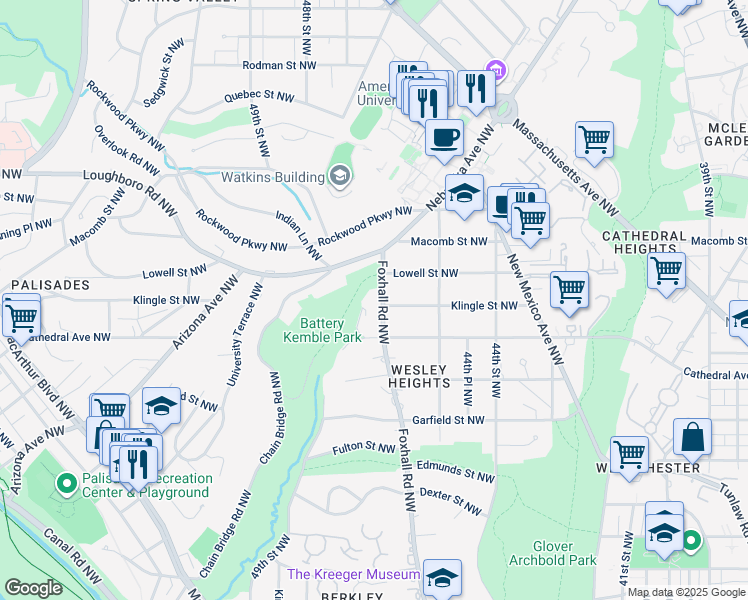 map of restaurants, bars, coffee shops, grocery stores, and more near 3100 Foxhall Road Northwest in Washington