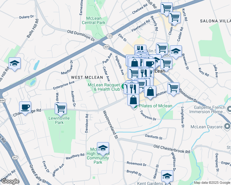map of restaurants, bars, coffee shops, grocery stores, and more near 1515 Cedar Avenue in McLean