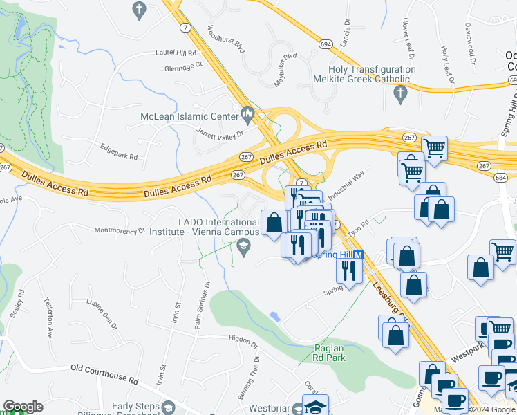 map of restaurants, bars, coffee shops, grocery stores, and more near 1571 Leeds Castle Drive in Vienna