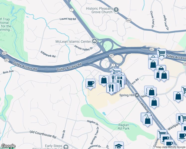 map of restaurants, bars, coffee shops, grocery stores, and more near 8866 Ashgrove House Lane in Vienna