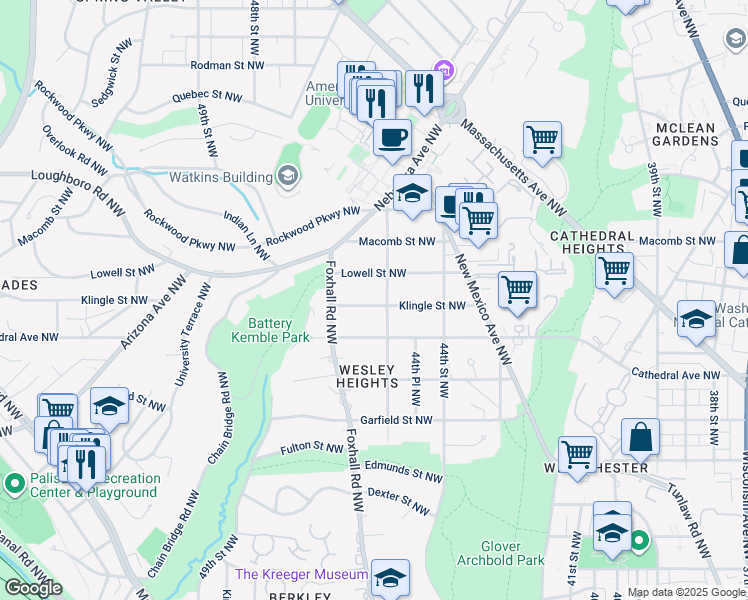 map of restaurants, bars, coffee shops, grocery stores, and more near 4507 Klingle Street Northwest in Washington