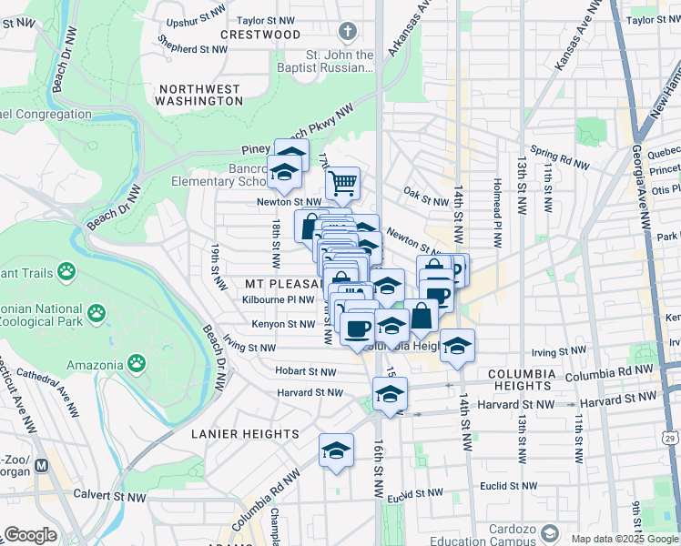 map of restaurants, bars, coffee shops, grocery stores, and more near 3213 Mount Pleasant Street Northwest in Washington