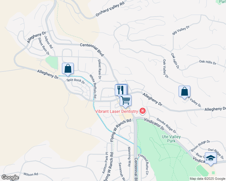 map of restaurants, bars, coffee shops, grocery stores, and more near 7215 Native Circle in Colorado Springs