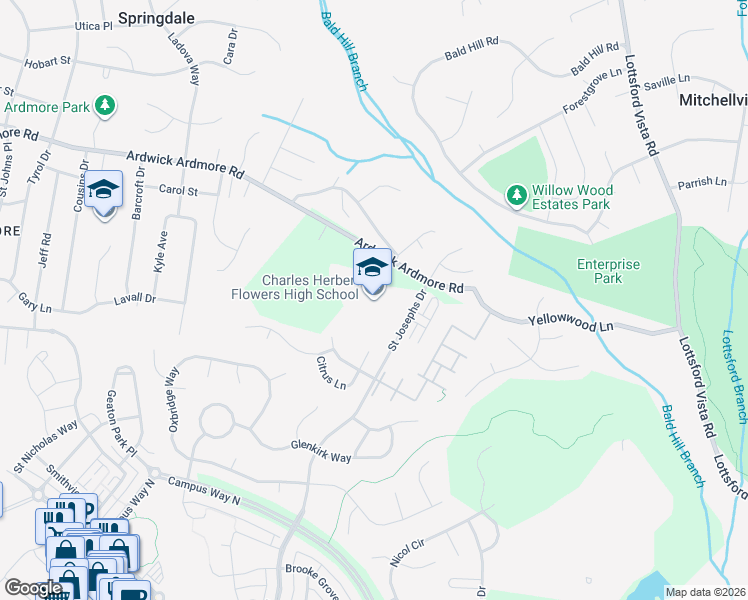 map of restaurants, bars, coffee shops, grocery stores, and more near 10001 Ardwick Ardmore Road in Springdale