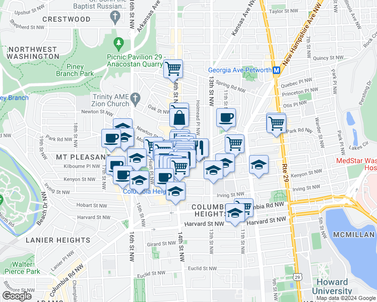 map of restaurants, bars, coffee shops, grocery stores, and more near 1356 Monroe Street Northwest in Washington