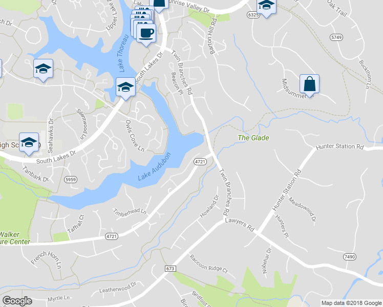 map of restaurants, bars, coffee shops, grocery stores, and more near 11008 Thrush Ridge Road in Reston