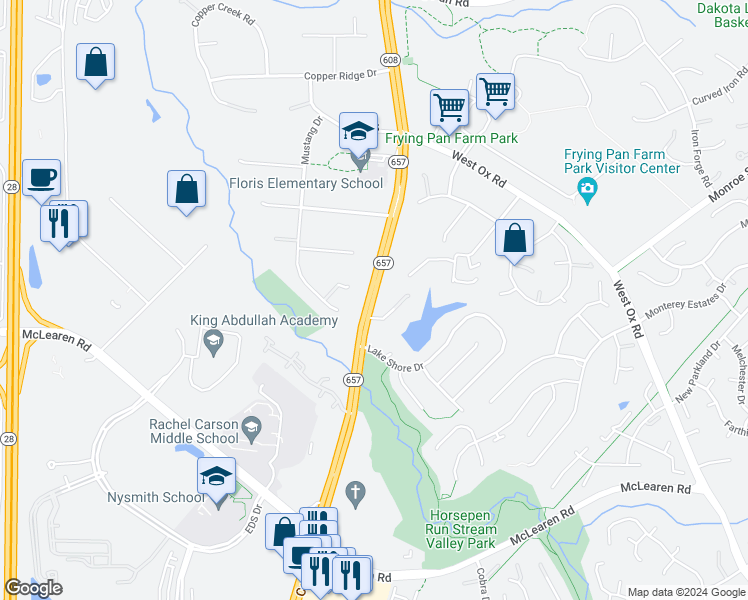 map of restaurants, bars, coffee shops, grocery stores, and more near 2827 Centreville Road in Herndon