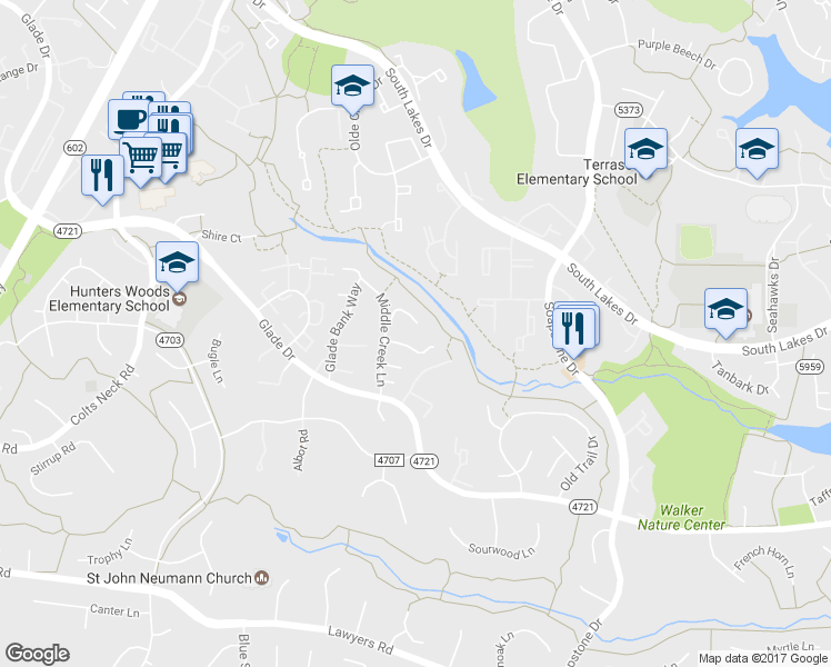 map of restaurants, bars, coffee shops, grocery stores, and more near 11700 Mossy Creek Lane in Reston
